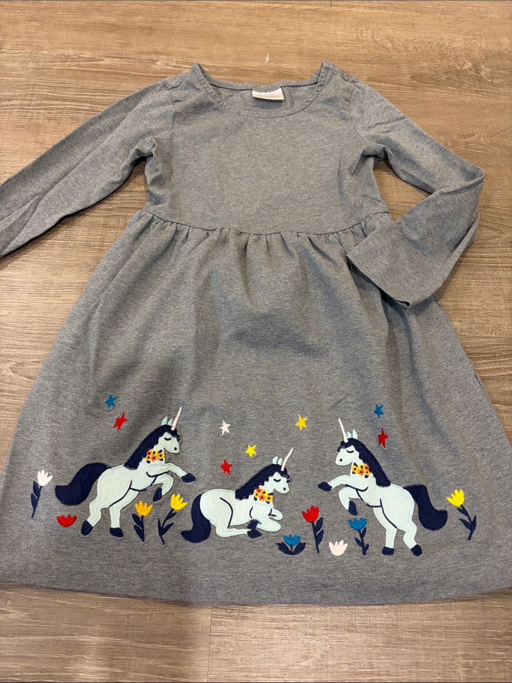 Hanna Andersson Grey Unicorn Embroidered Long-Sleeve Dress